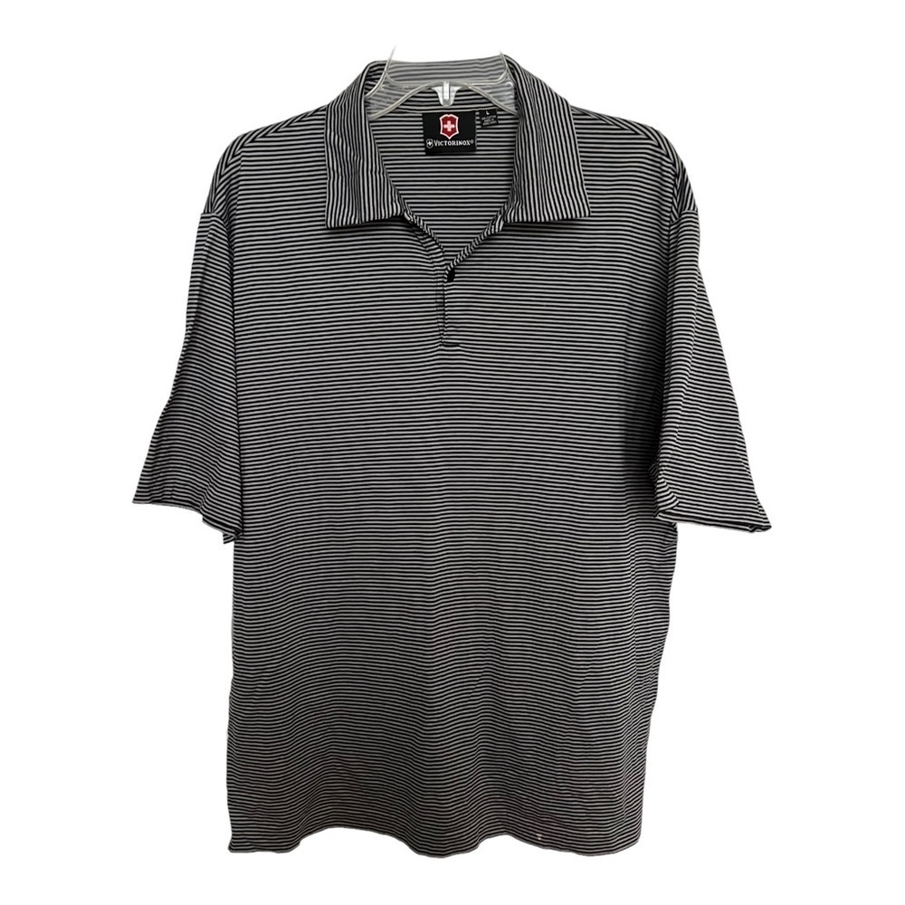 Victorinox Men's Polo‎ Golf Shirt Large 2 Ply Cotton navy blue striped vtg